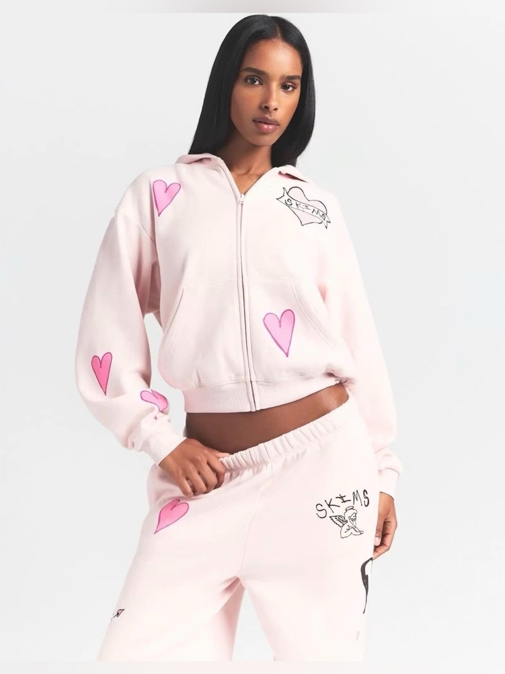 SKIMS BARELY PINK ANGEL COTTON FLEECE CLASSIC ZIP UP HOODIE